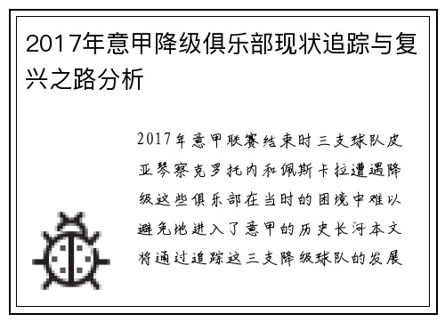 2017年意甲降级俱乐部现状追踪与复兴之路分析