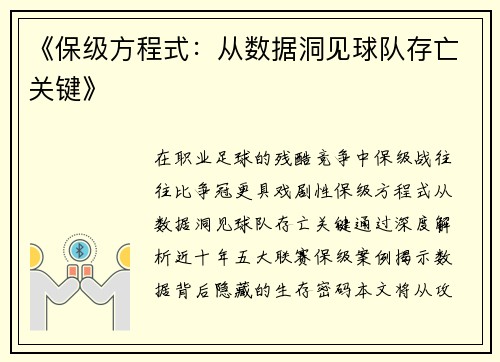 《保级方程式：从数据洞见球队存亡关键》